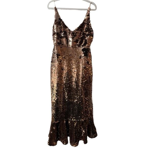 Saloni Sequin Dress Sleeveless Open Back Cocktail Midi Bronze Sz 4 Retails $795 - Picture 10 of 13